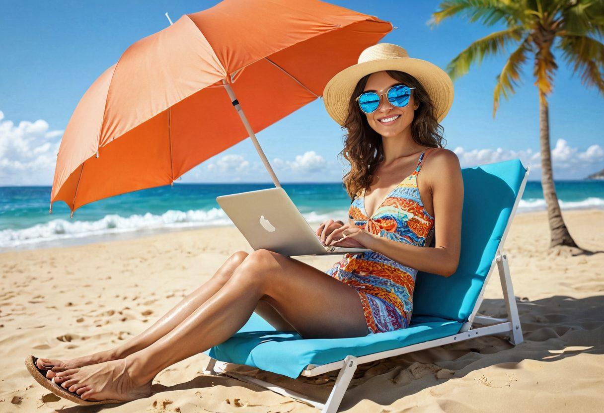 A trendy, stylish person lounging on a beach with a laptop, wearing a chic swimsuit, hiding their identity with stylish sunglasses and a wide-brimmed hat. The scene features vibrant ocean waves, soft sand, and a whimsical beach umbrella, with encrypted digital motifs subtly integrated into the background, representing online anonymity. The atmosphere is fun and carefree. super-realistic. vibrant colors. bright sunny day.