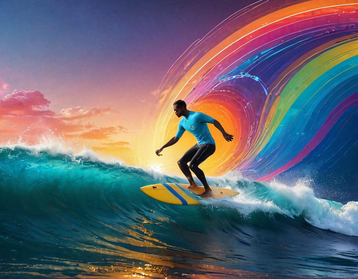 A stylish surfer riding a digital wave made of colorful data streams, surrounded by protective shields symbolizing online security. Incorporate elements of surfboards with icons representing privacy tools, like padlocks and firewalls, against a backdrop of a vibrant sunset over an abstract ocean. The scene should radiate energy and confidence while emphasizing the importance of secure browsing. super-realistic. vibrant colors. 3D effects.