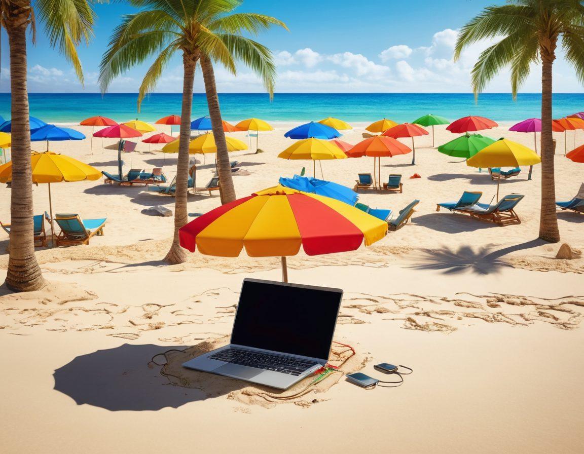A vibrant beach scene depicting a relaxing person in stylish beachwear using a laptop on the sand, surrounded by colorful beach umbrellas and palm trees. Include visual elements like digital security icons (padlocks, shields) subtly integrated into the ocean waves, symbolizing online protection. Bright sunny atmosphere with a sense of safety and fun. super-realistic. vibrant colors.